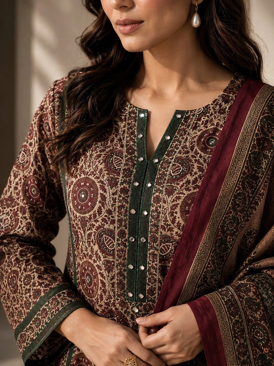 Beige & Maroon Ajrakh Print Cotton Kurta Set with Salwar & Dupatta — view 2