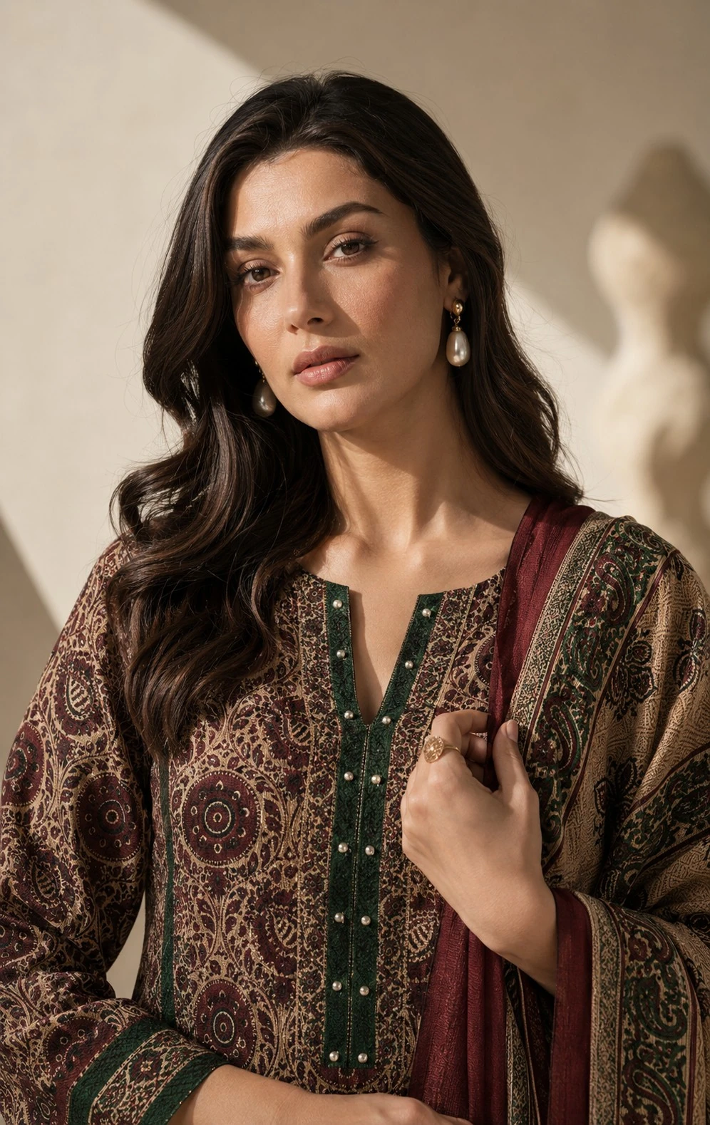 Beige & Maroon Ajrakh Print Cotton Kurta Set with Salwar & Dupatta — view 3