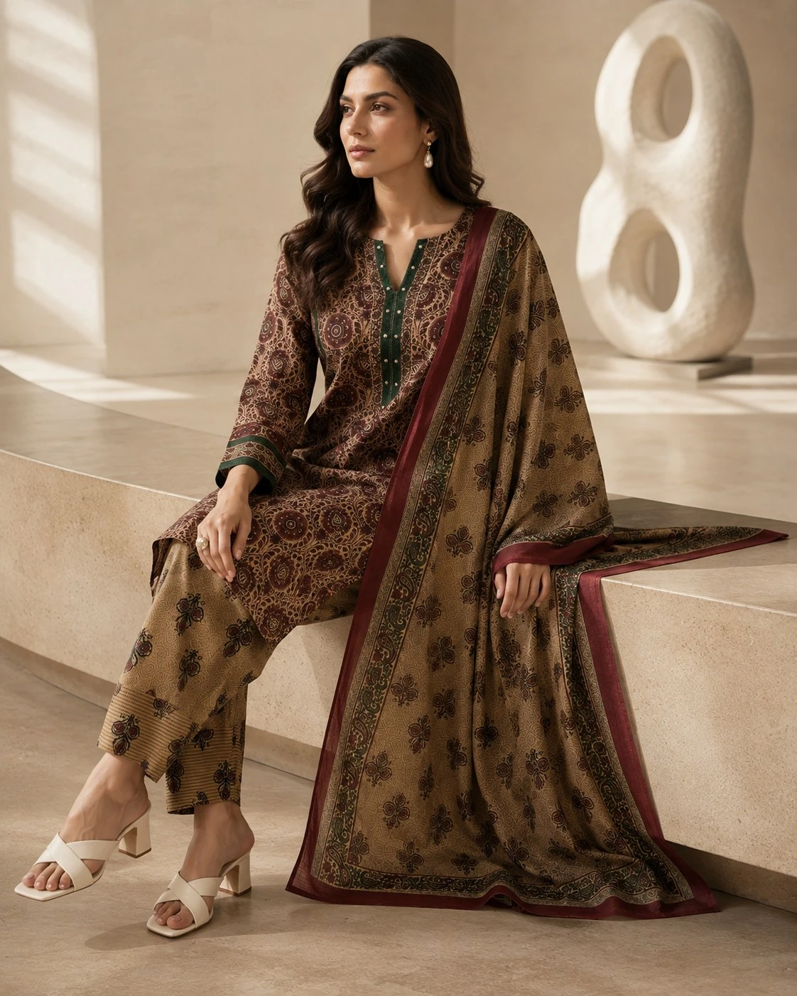 Beige & Maroon Ajrakh Print Cotton Kurta Set with Salwar & Dupatta — view 4