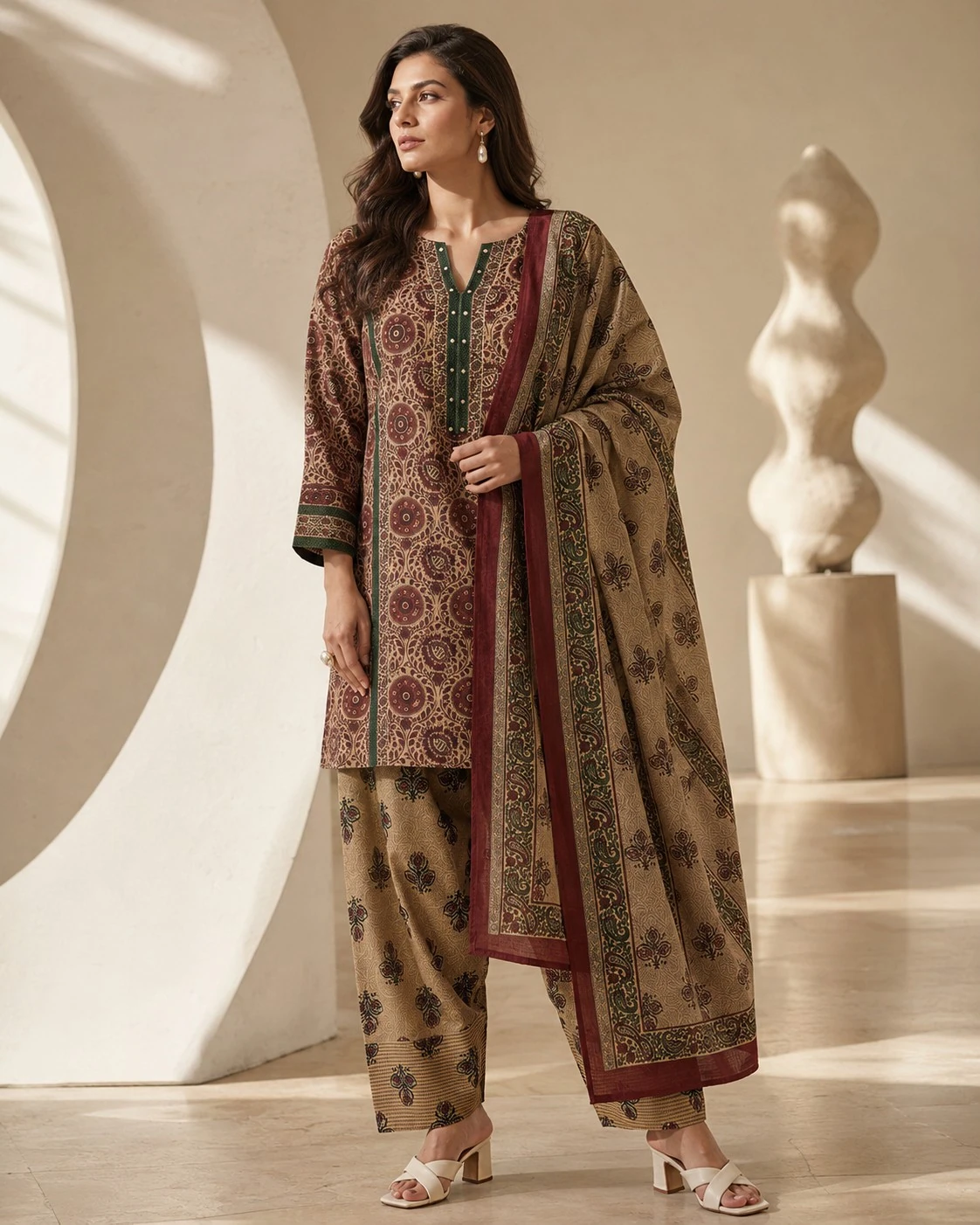 Beige & Maroon Ajrakh Print Cotton Kurta Set with Salwar & Dupatta — view 5