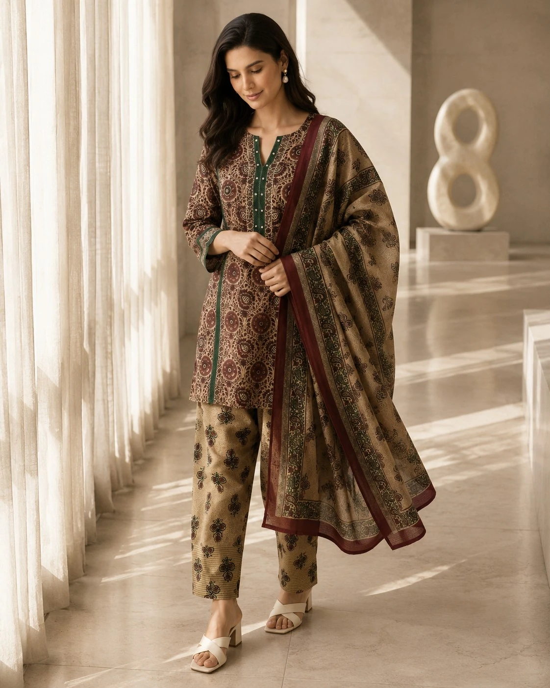 Beige & Maroon Ajrakh Print Cotton Kurta Set with Salwar & Dupatta — view 6