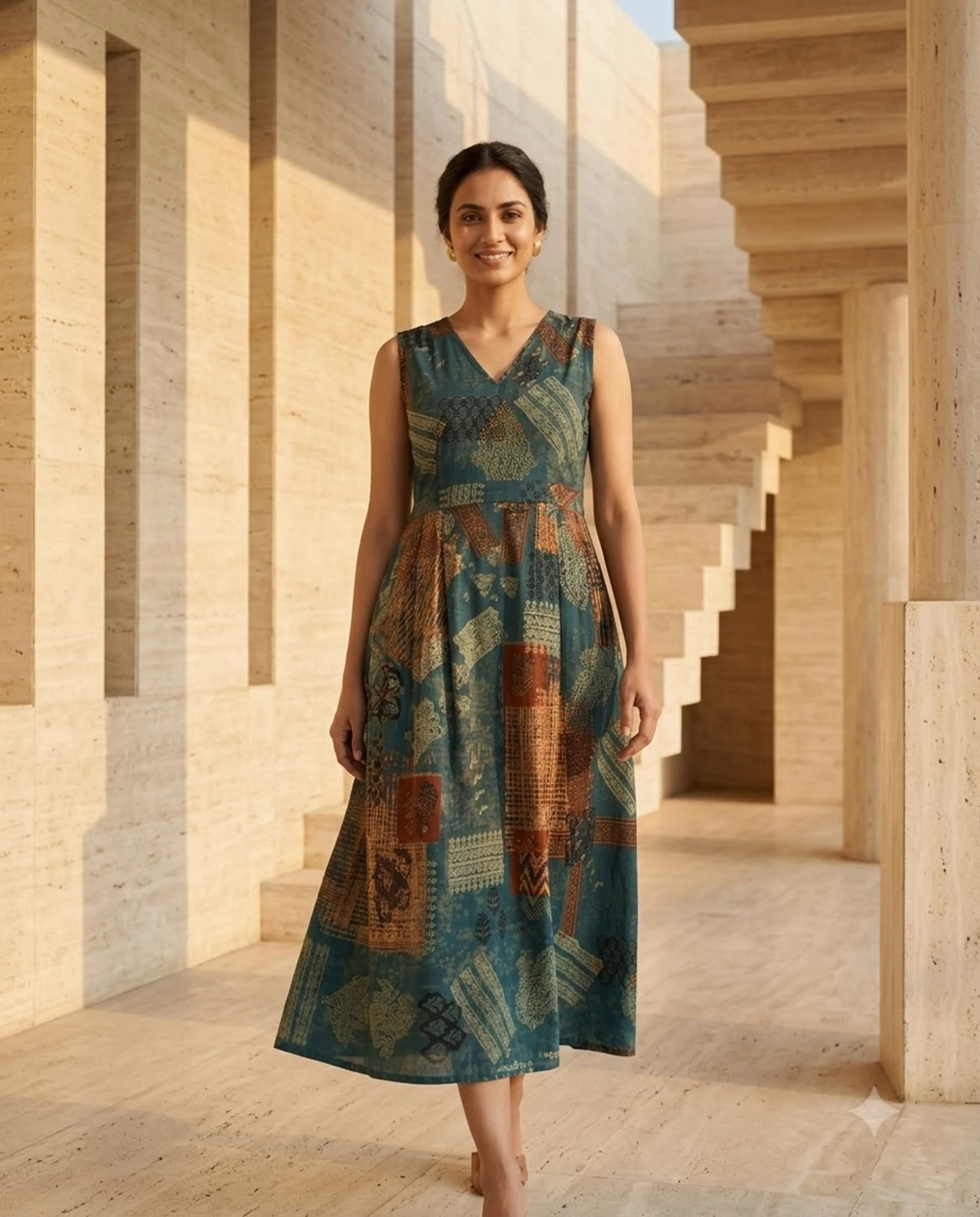 Teal Heritage Patchwork Print Cotton Flared Maxi Dress