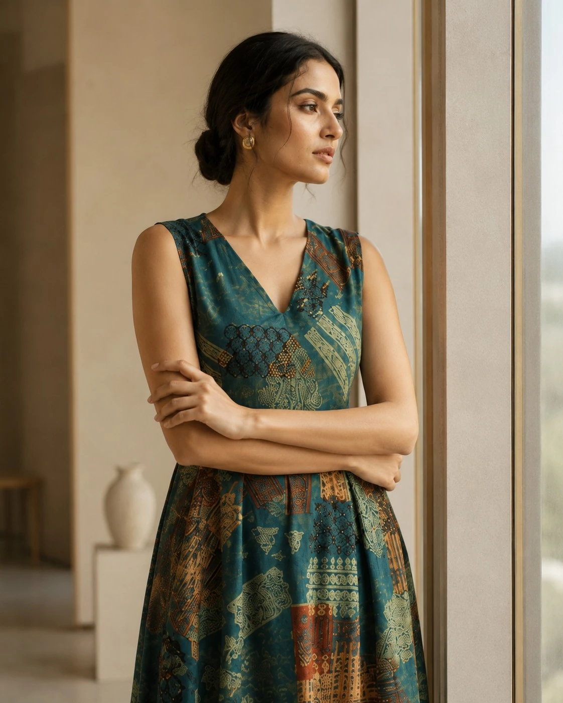 Teal Heritage Patchwork Print Cotton Flared Maxi Dress — view 2