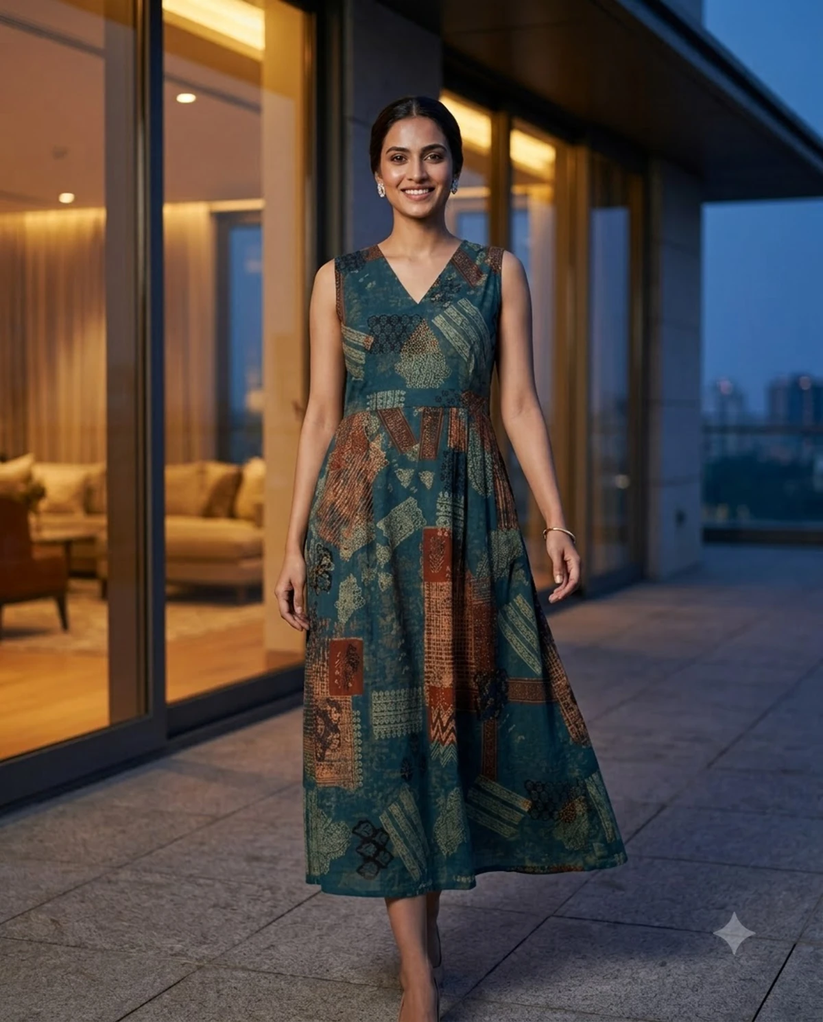 Teal Heritage Patchwork Print Cotton Flared Maxi Dress — view 3