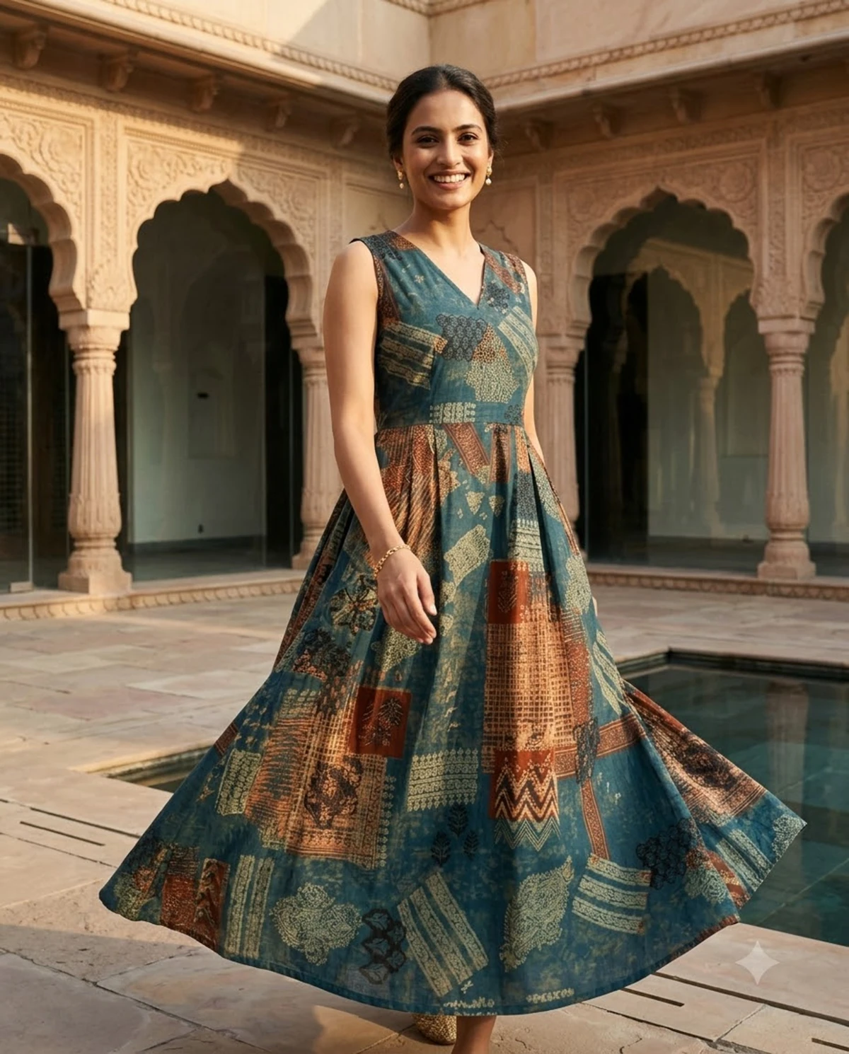 Teal Heritage Patchwork Print Cotton Flared Maxi Dress — view 4