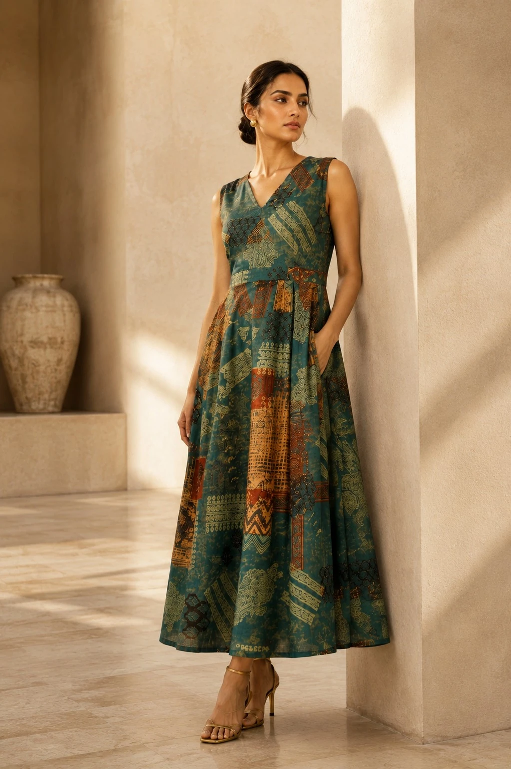 Teal Heritage Patchwork Print Cotton Flared Maxi Dress — view 5