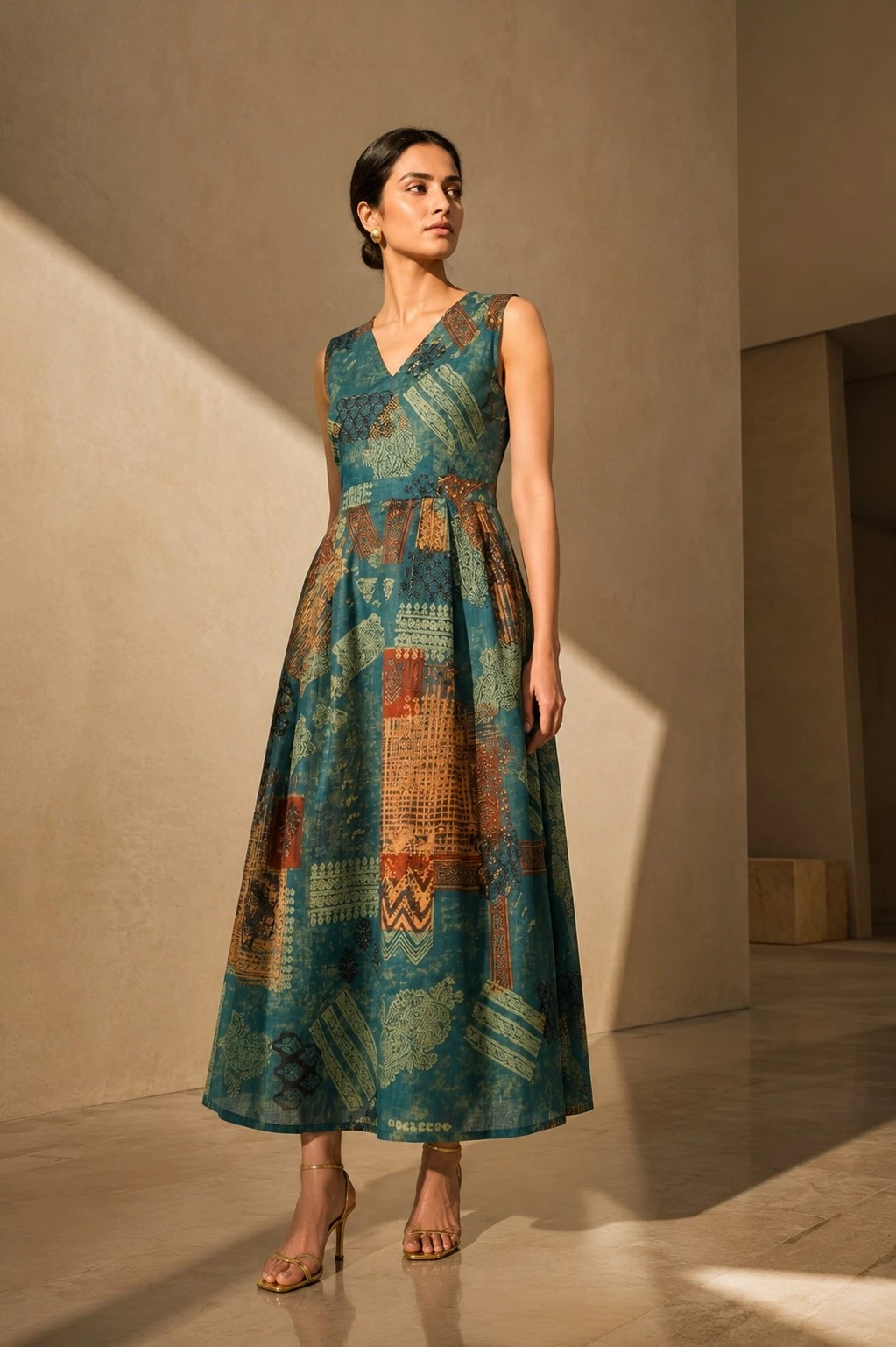 Teal Heritage Patchwork Print Cotton Flared Maxi Dress — view 6