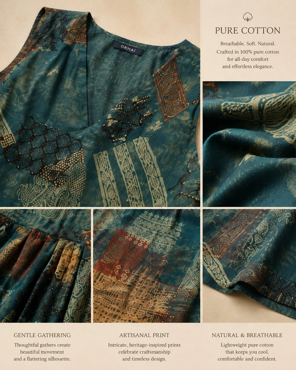 Teal Heritage Patchwork Print Cotton Flared Maxi Dress — view 7