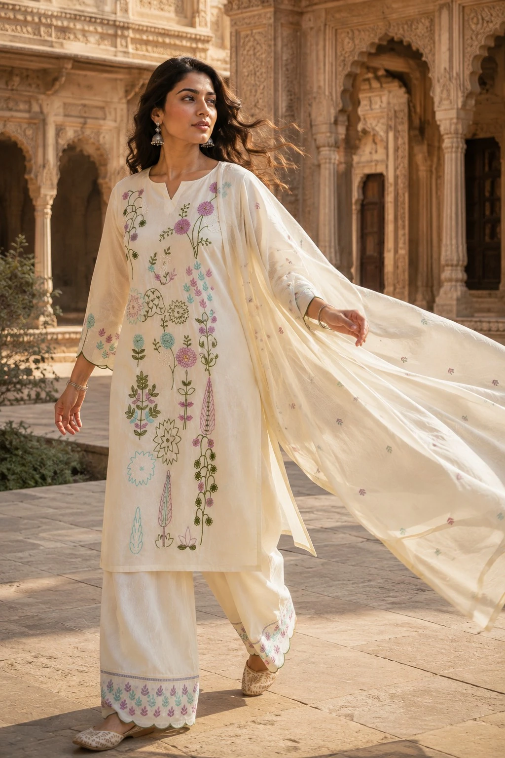 Off-White Mul Chanderi Embroidered Kurta Set with Salwar & Dupatta