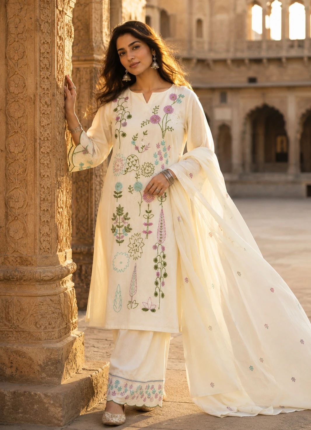 Off-White Mul Chanderi Embroidered Kurta Set with Salwar & Dupatta — view 2