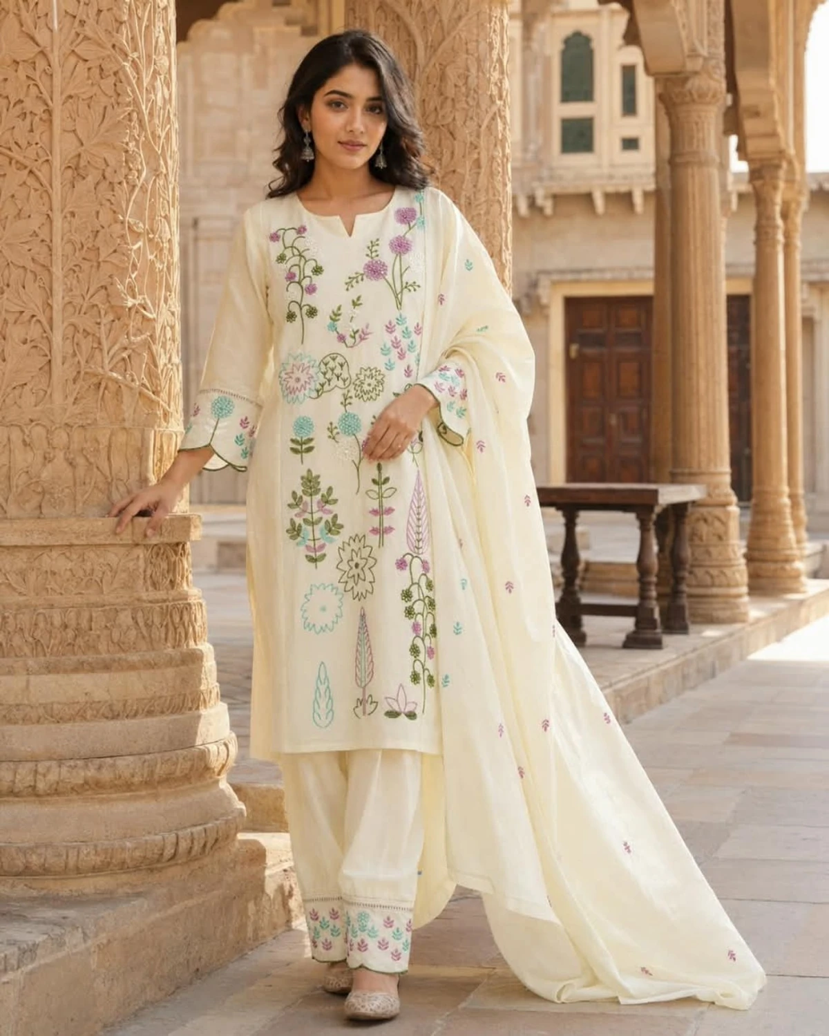 Off-White Mul Chanderi Embroidered Kurta Set with Salwar & Dupatta — view 3