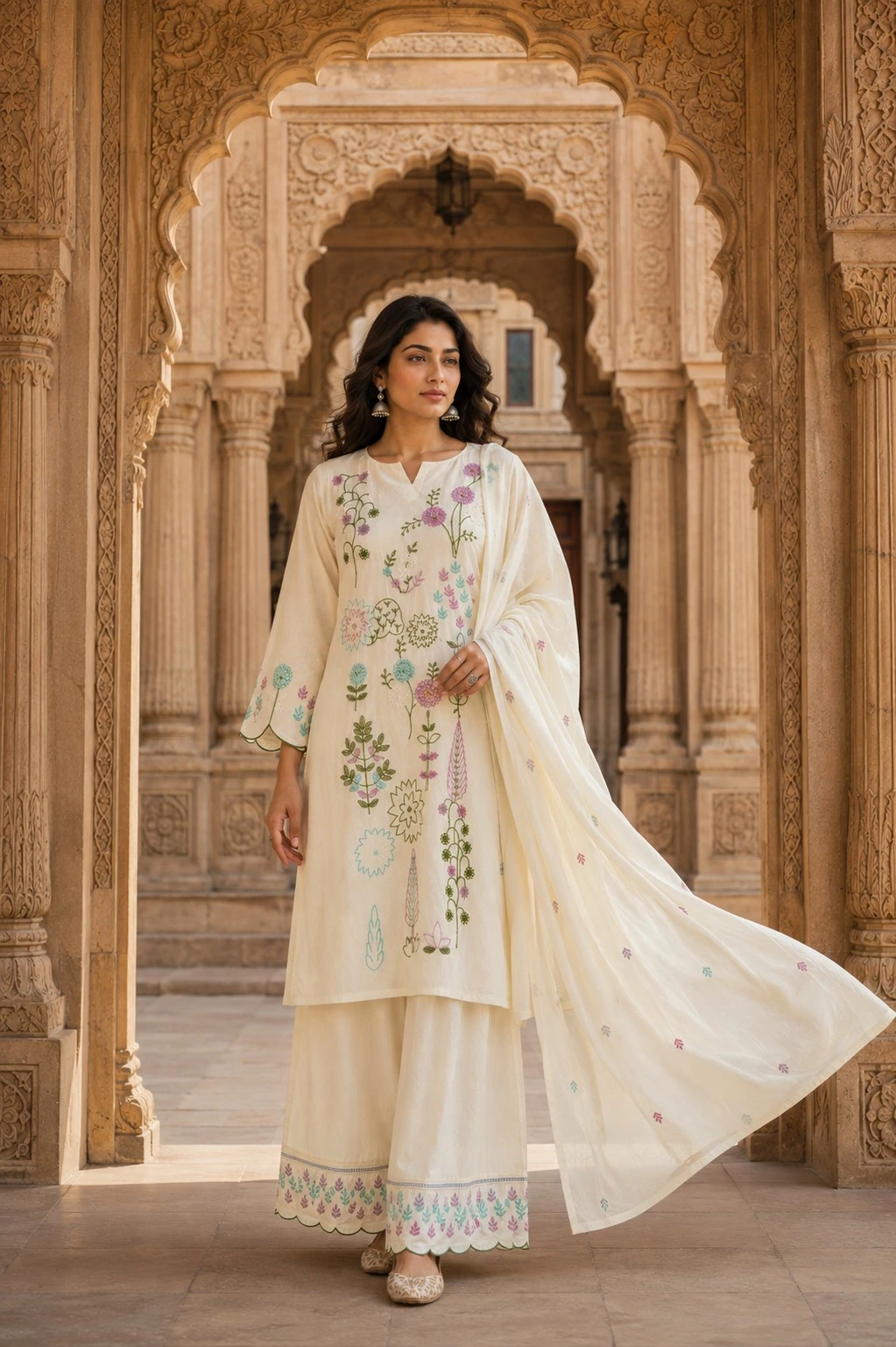 Off-White Mul Chanderi Embroidered Kurta Set with Salwar & Dupatta — view 4