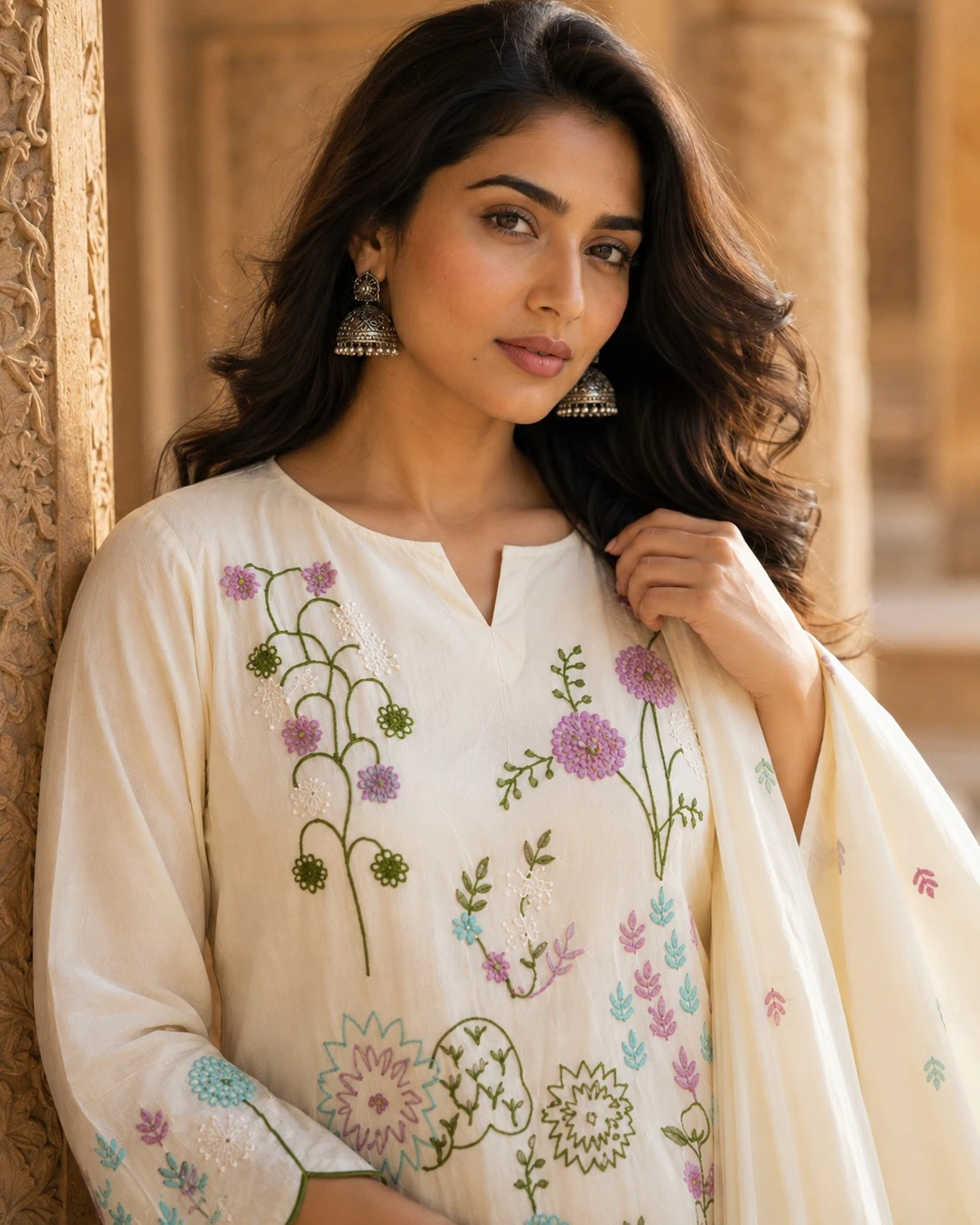 Off-White Mul Chanderi Embroidered Kurta Set with Salwar & Dupatta — view 5