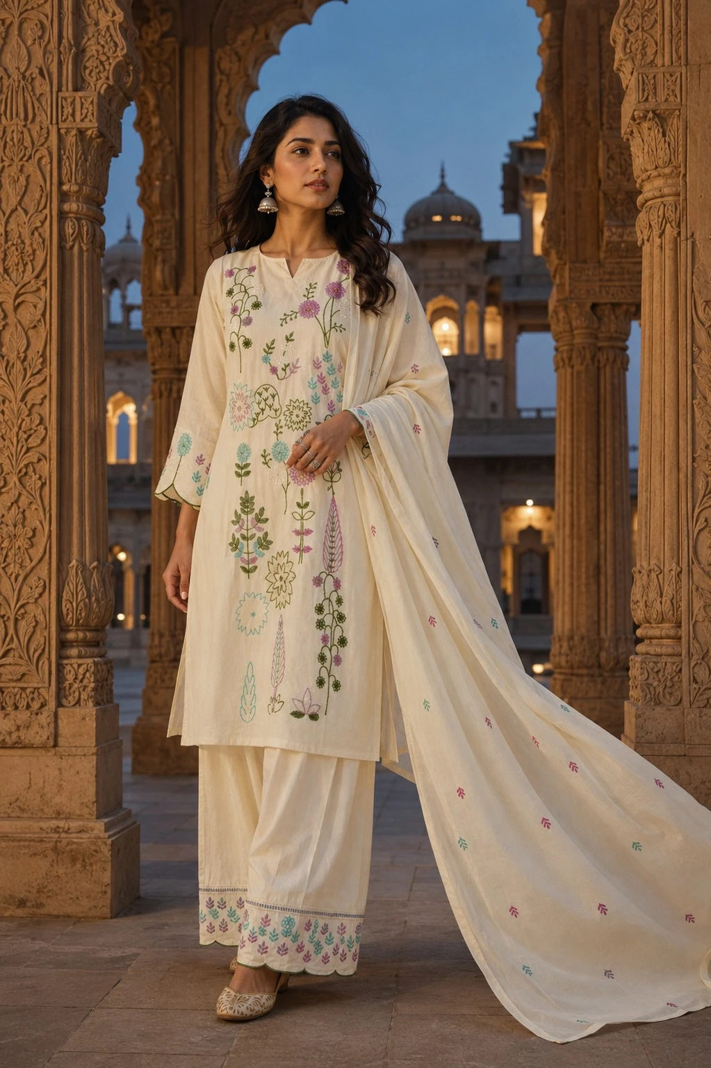 Off-White Mul Chanderi Embroidered Kurta Set with Salwar & Dupatta — view 6