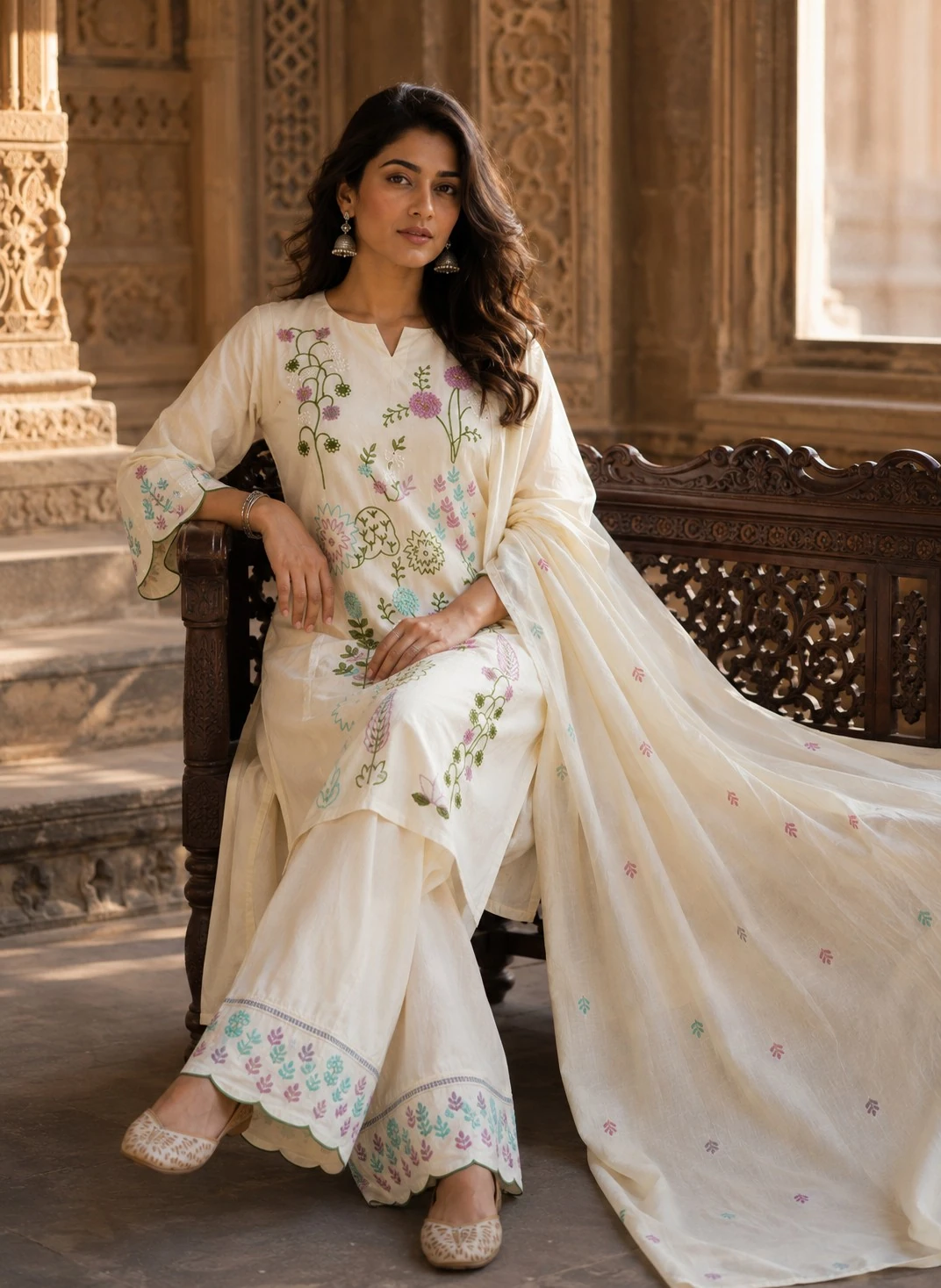 Off-White Mul Chanderi Embroidered Kurta Set with Salwar & Dupatta — view 7