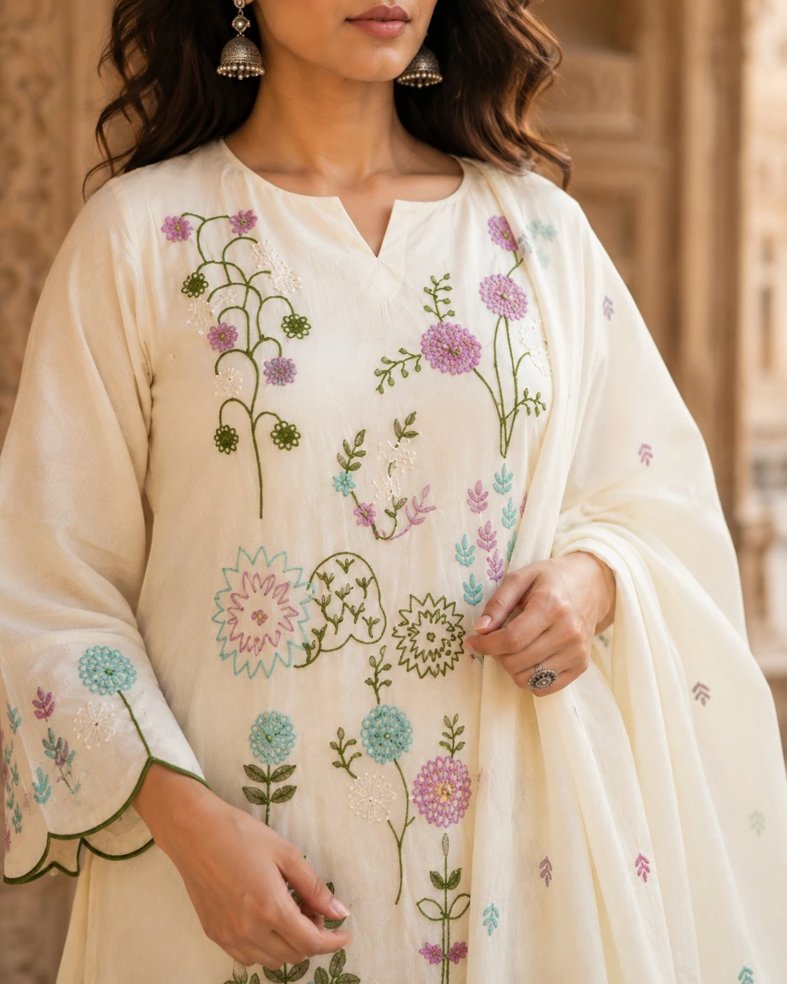 Off-White Mul Chanderi Embroidered Kurta Set with Salwar & Dupatta — view 8