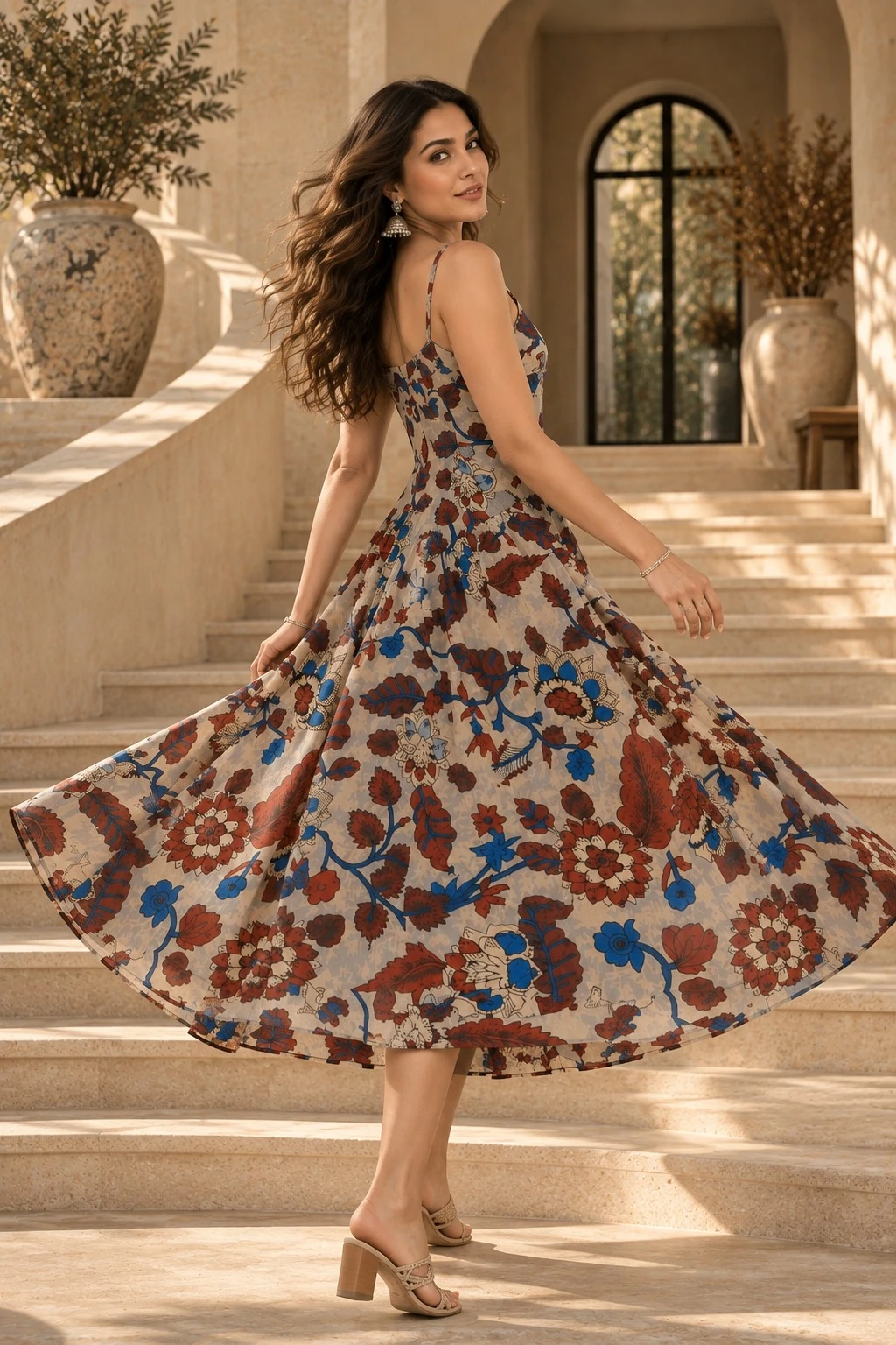 Beige Botanical Floral Print Pure Cotton Fit & Flare Midi Dress — view 2