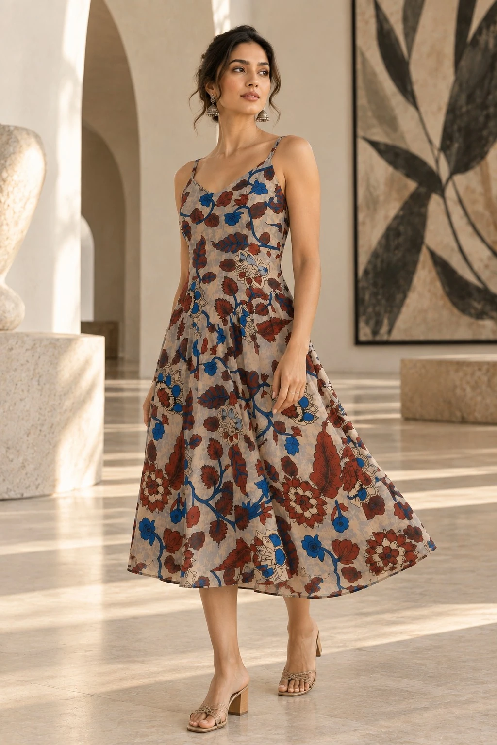 Beige Botanical Floral Print Pure Cotton Fit & Flare Midi Dress — view 5