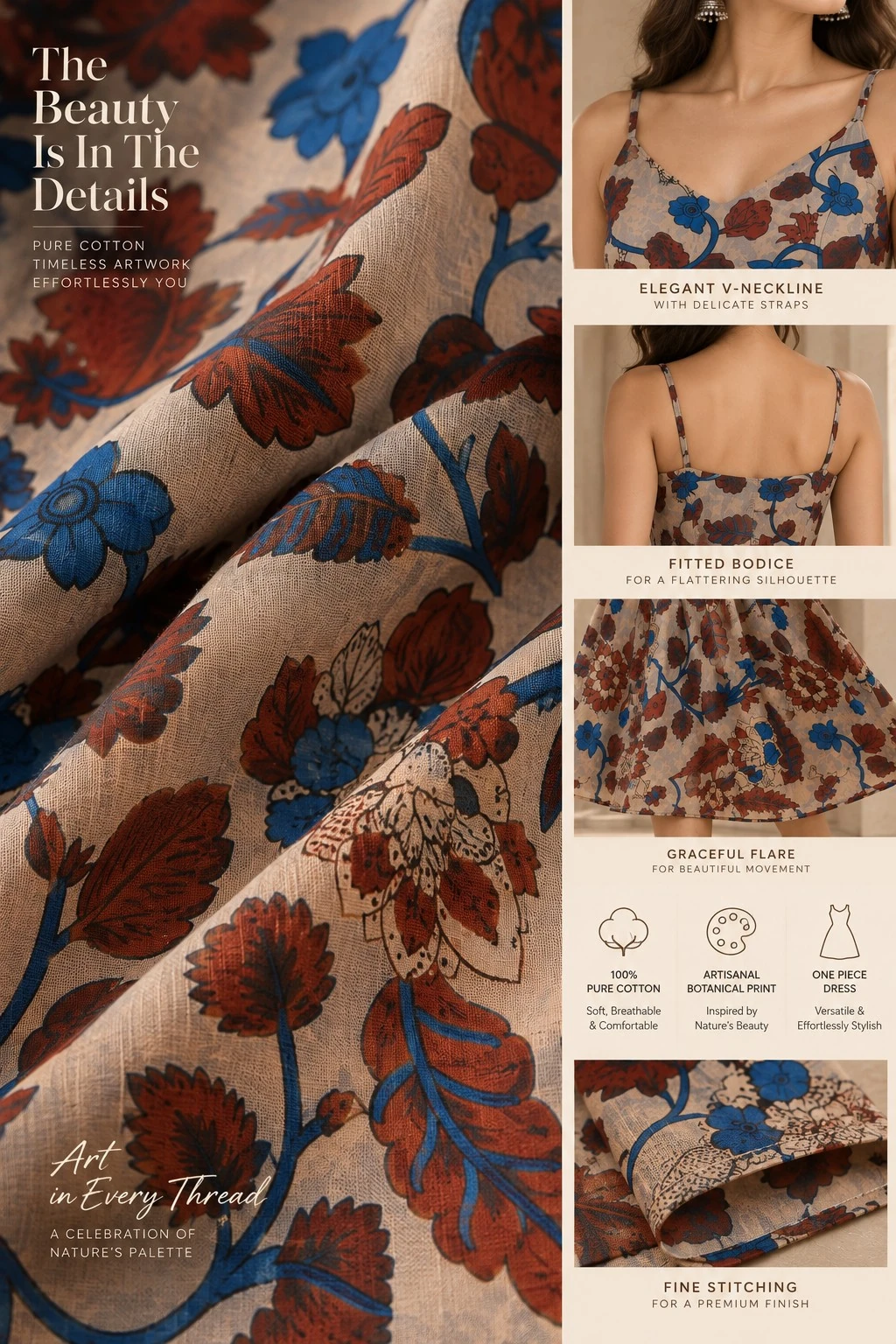 Beige Botanical Floral Print Pure Cotton Fit & Flare Midi Dress — view 8