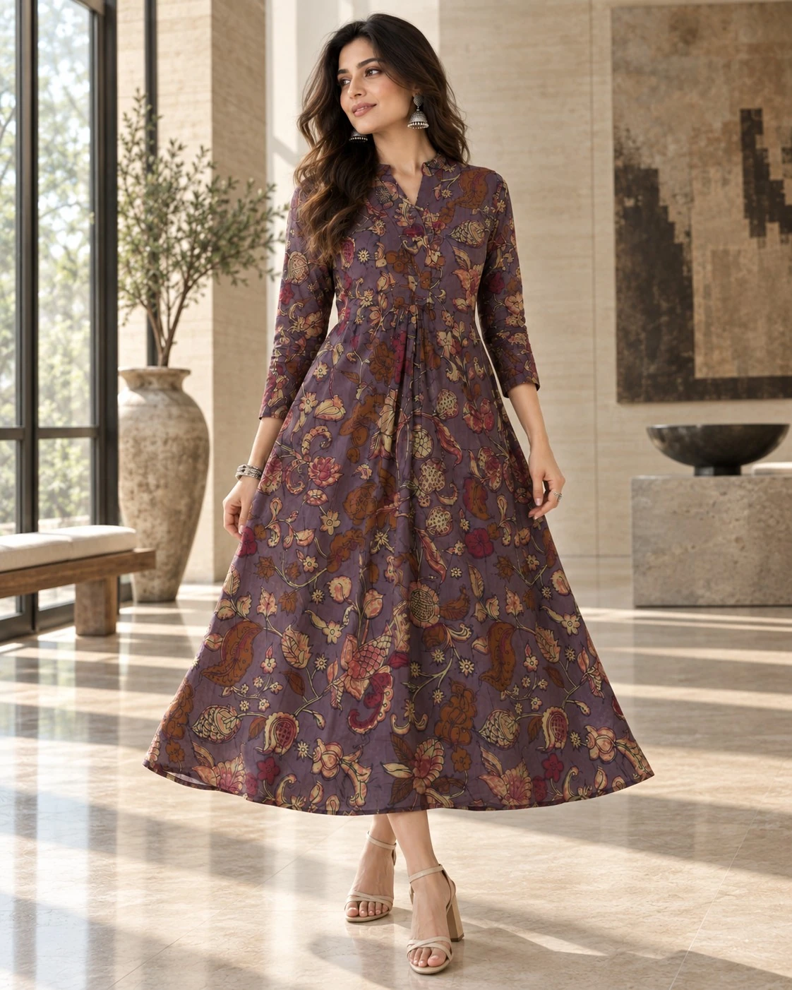 Mauve Kalamkari Floral Paisley Print Pure Cotton Flared Maxi Dress