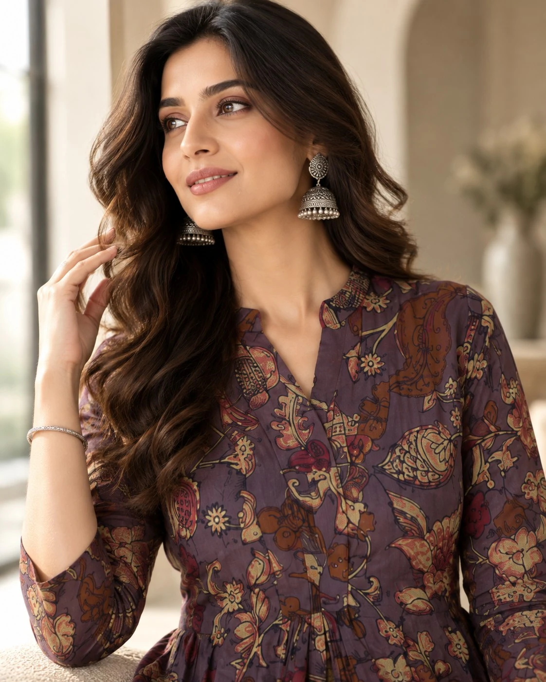 Mauve Kalamkari Floral Paisley Print Pure Cotton Flared Maxi Dress — view 2