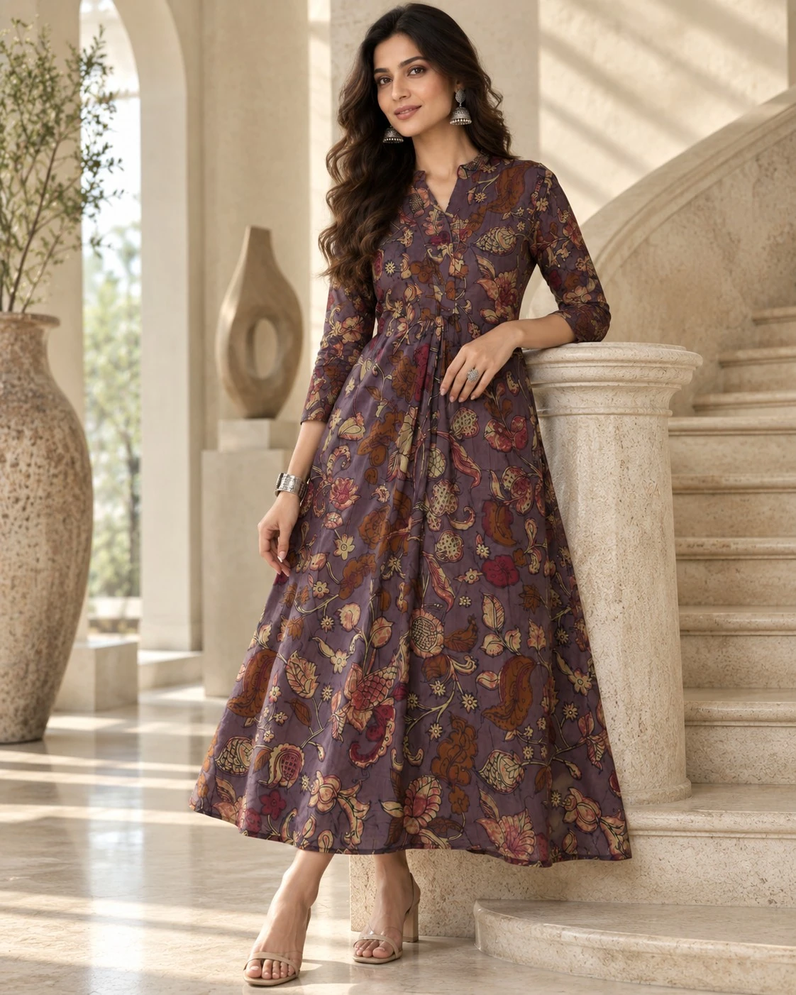 Mauve Kalamkari Floral Paisley Print Pure Cotton Flared Maxi Dress — view 3