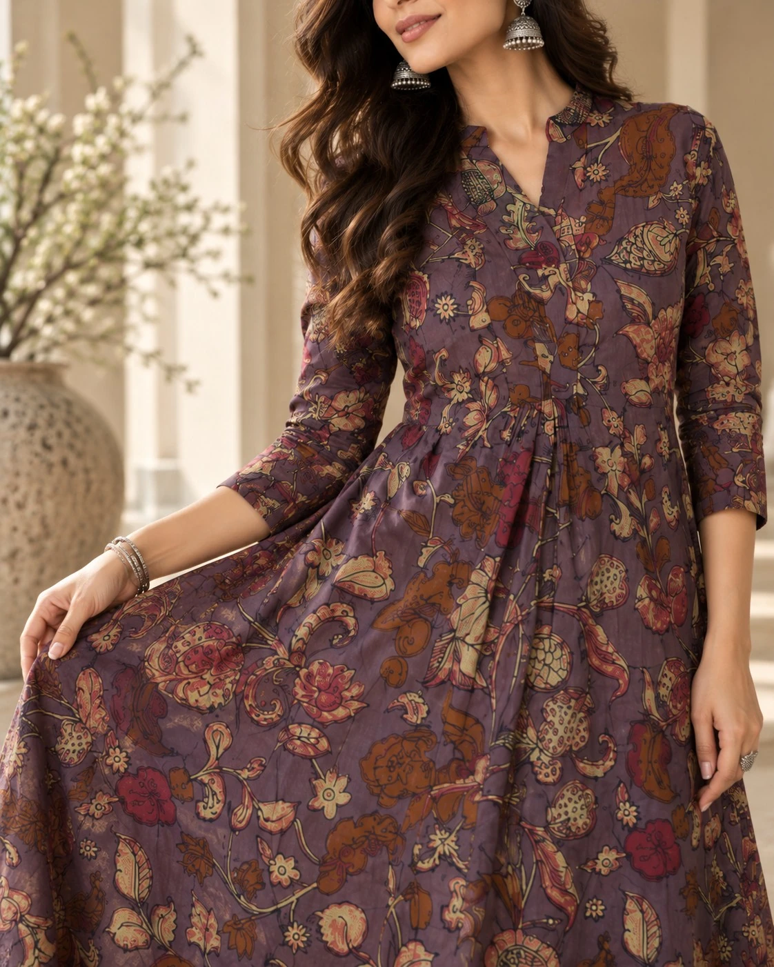 Mauve Kalamkari Floral Paisley Print Pure Cotton Flared Maxi Dress — view 4