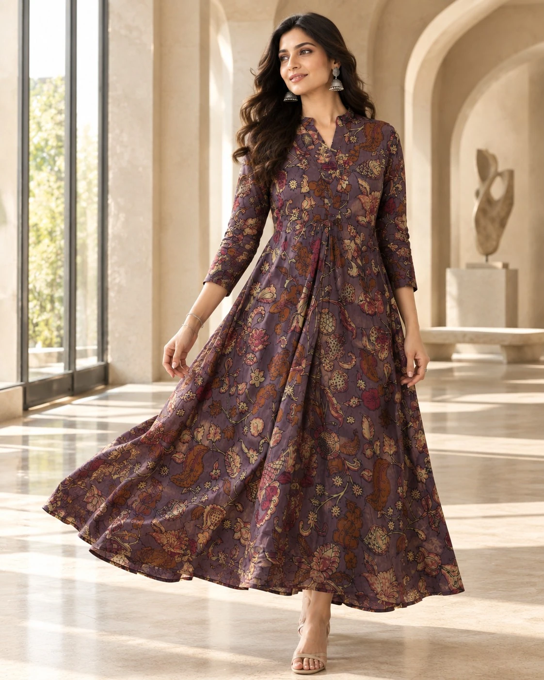 Mauve Kalamkari Floral Paisley Print Pure Cotton Flared Maxi Dress — view 5