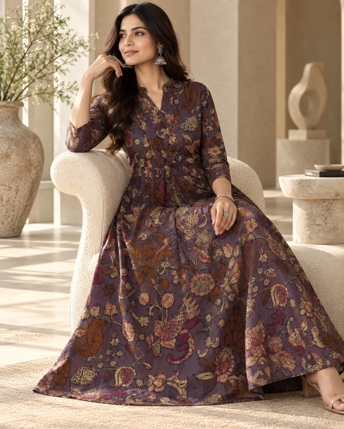 Mauve Kalamkari Floral Paisley Print Pure Cotton Flared Maxi Dress — view 6