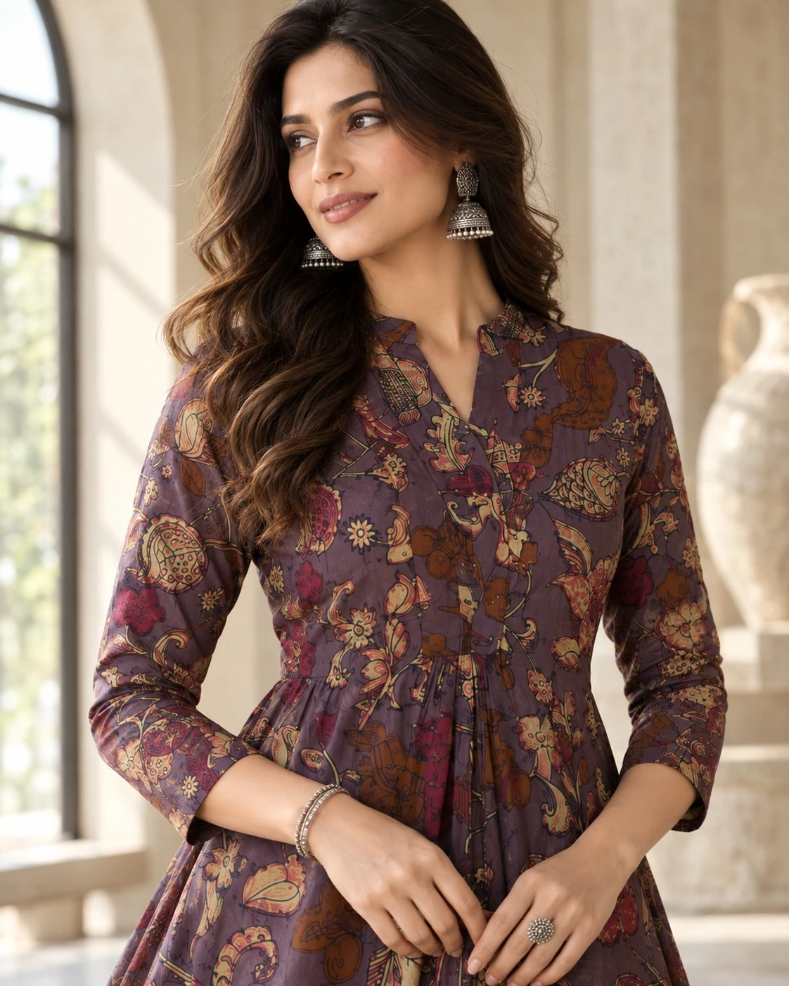 Mauve Kalamkari Floral Paisley Print Pure Cotton Flared Maxi Dress — view 7
