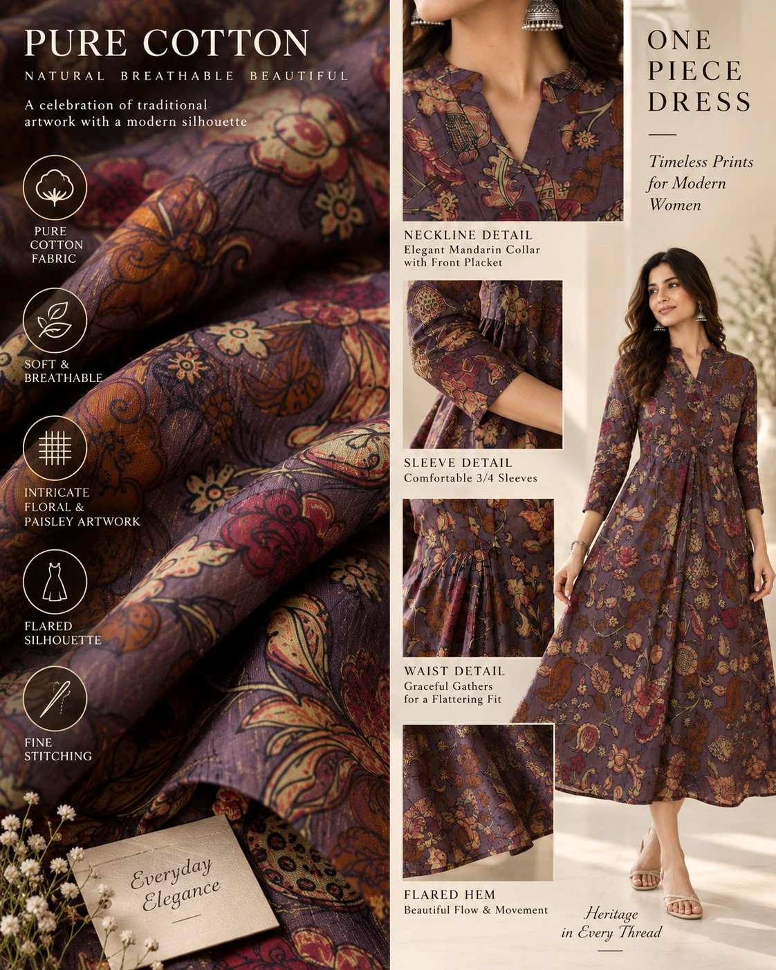 Mauve Kalamkari Floral Paisley Print Pure Cotton Flared Maxi Dress — view 8