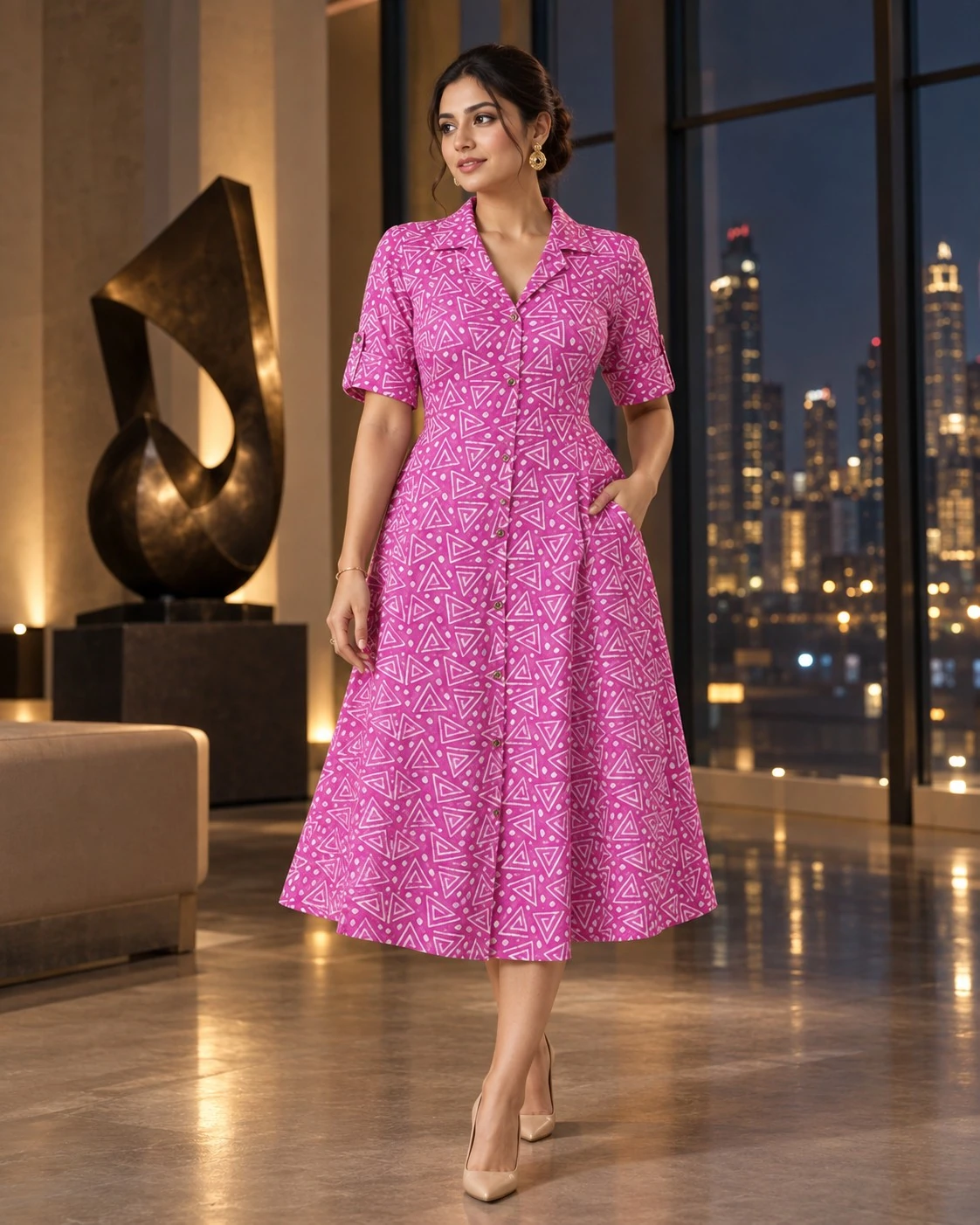 Fuchsia Pink Geometric Triangle Print Pure Cotton A-Line Midi Dress — view 2