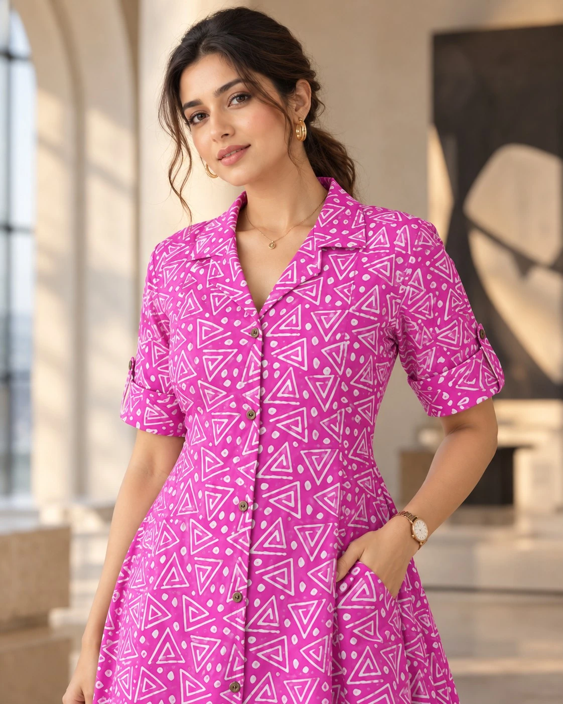 Fuchsia Pink Geometric Triangle Print Pure Cotton A-Line Midi Dress — view 3