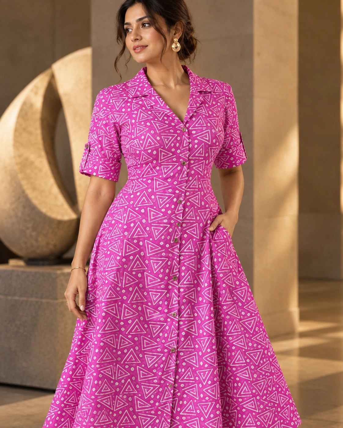 Fuchsia Pink Geometric Triangle Print Pure Cotton A-Line Midi Dress — view 5