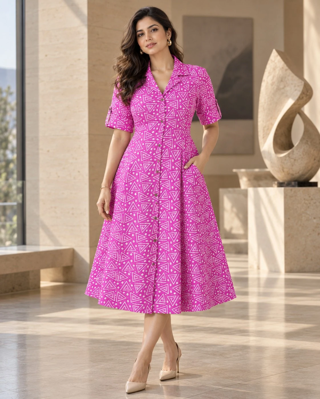 Fuchsia Pink Geometric Triangle Print Pure Cotton A-Line Midi Dress — view 6