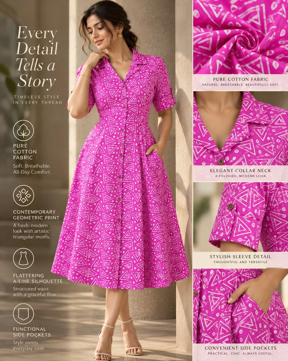 Fuchsia Pink Geometric Triangle Print Pure Cotton A-Line Midi Dress — view 7