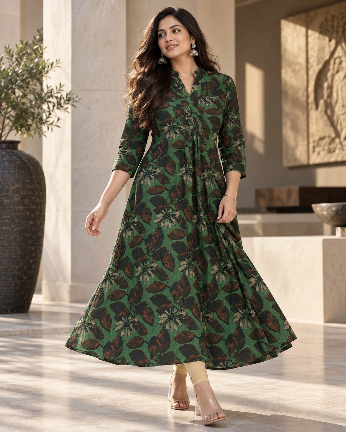 Forest Green Tropical Print Pure Cotton Flared Maxi Dress