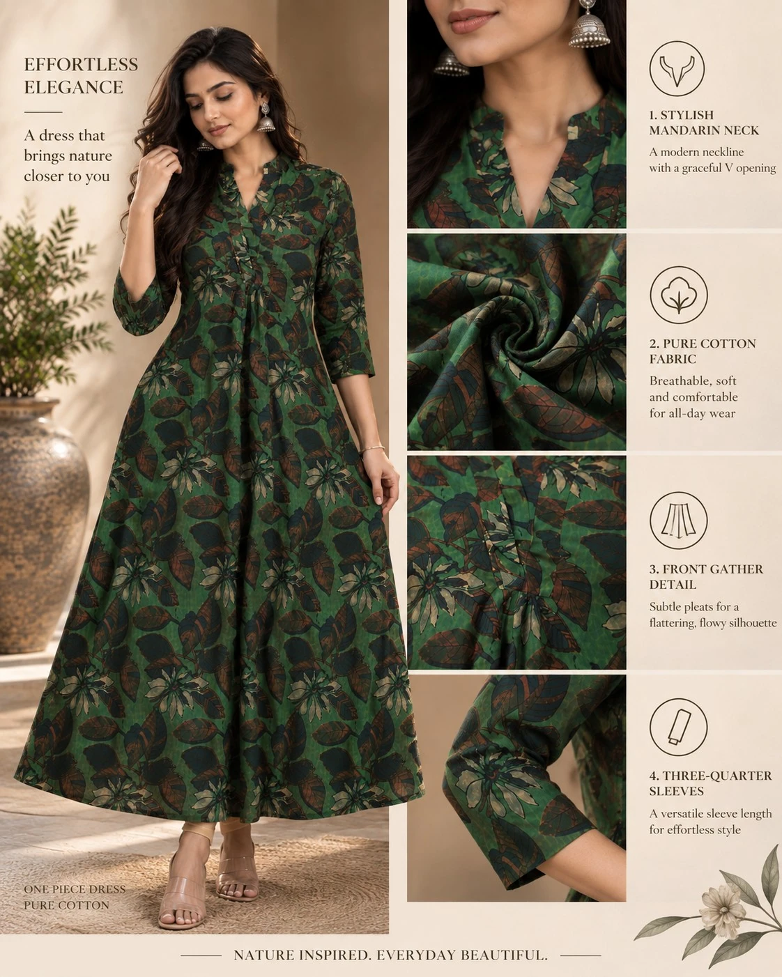 Forest Green Tropical Print Pure Cotton Flared Maxi Dress — view 2