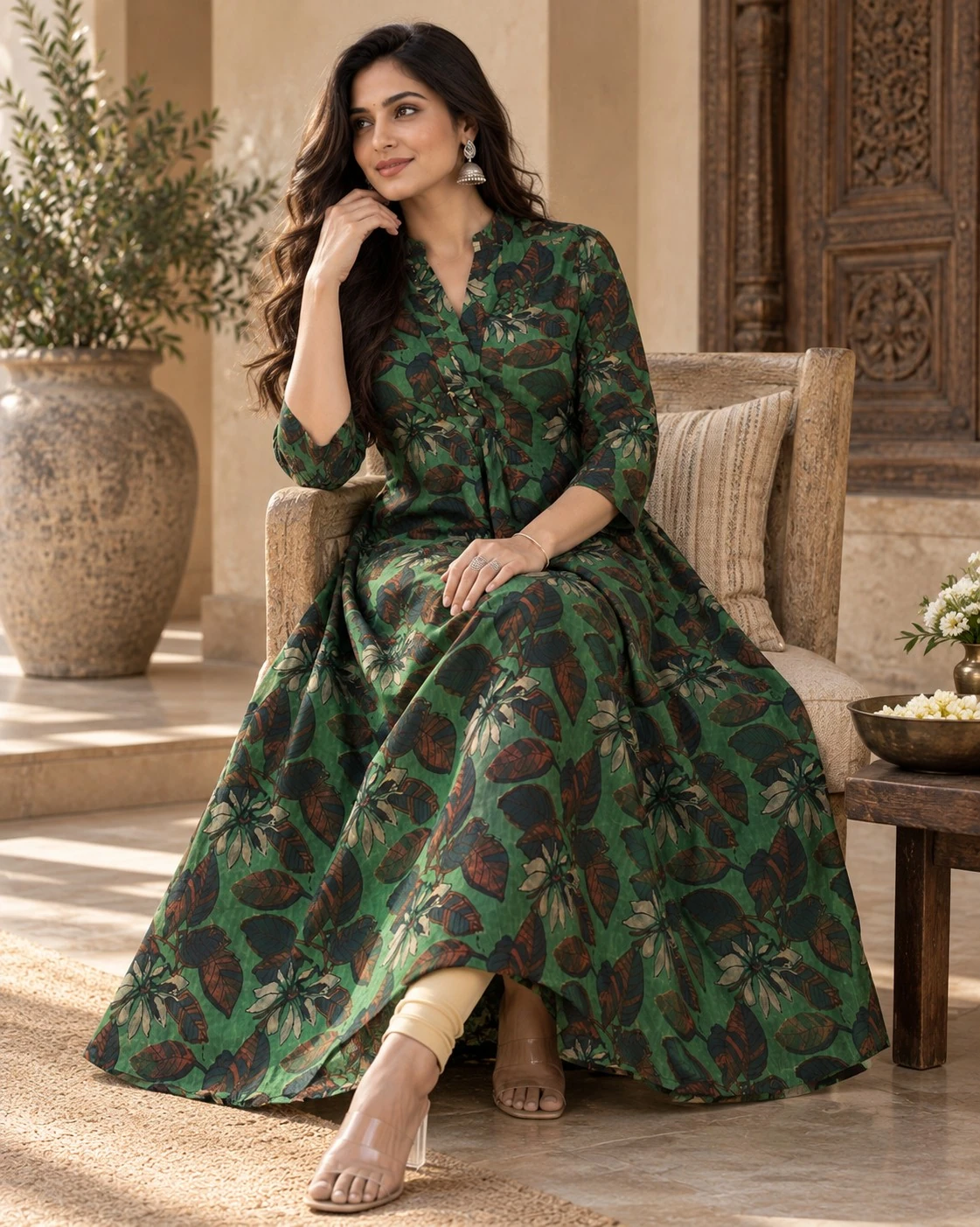 Forest Green Tropical Print Pure Cotton Flared Maxi Dress — view 3