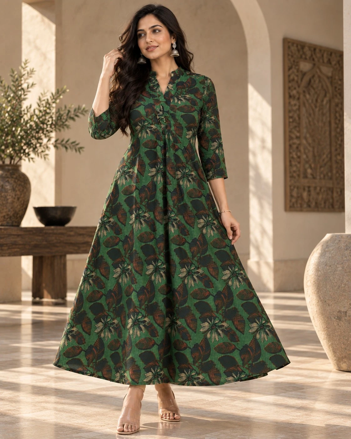 Forest Green Tropical Print Pure Cotton Flared Maxi Dress — view 6