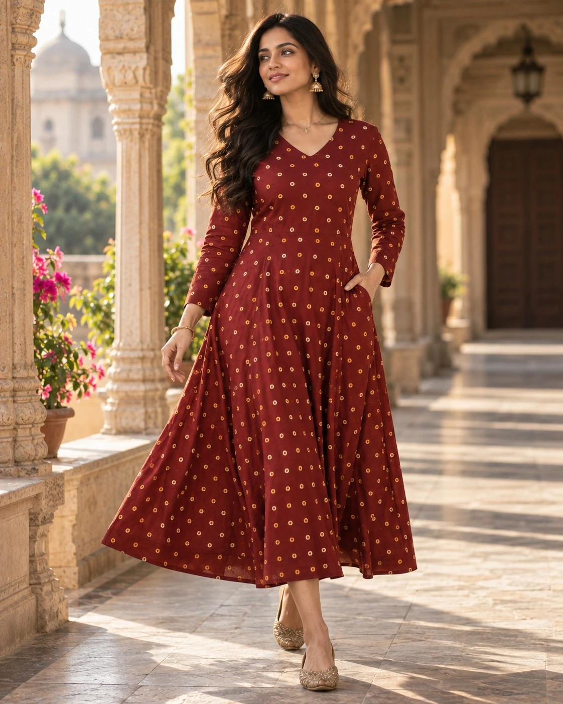 Maroon Bandhani Ring Print Pure Cotton A-Line Midi Dress