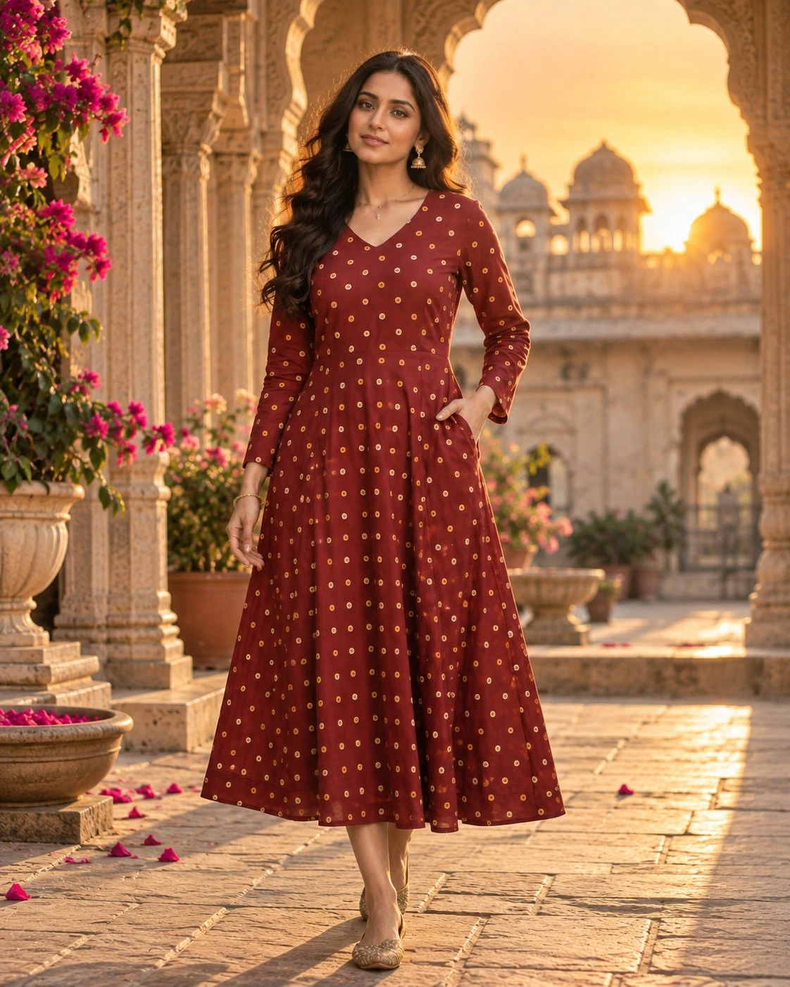 Maroon Bandhani Ring Print Pure Cotton A-Line Midi Dress — view 2