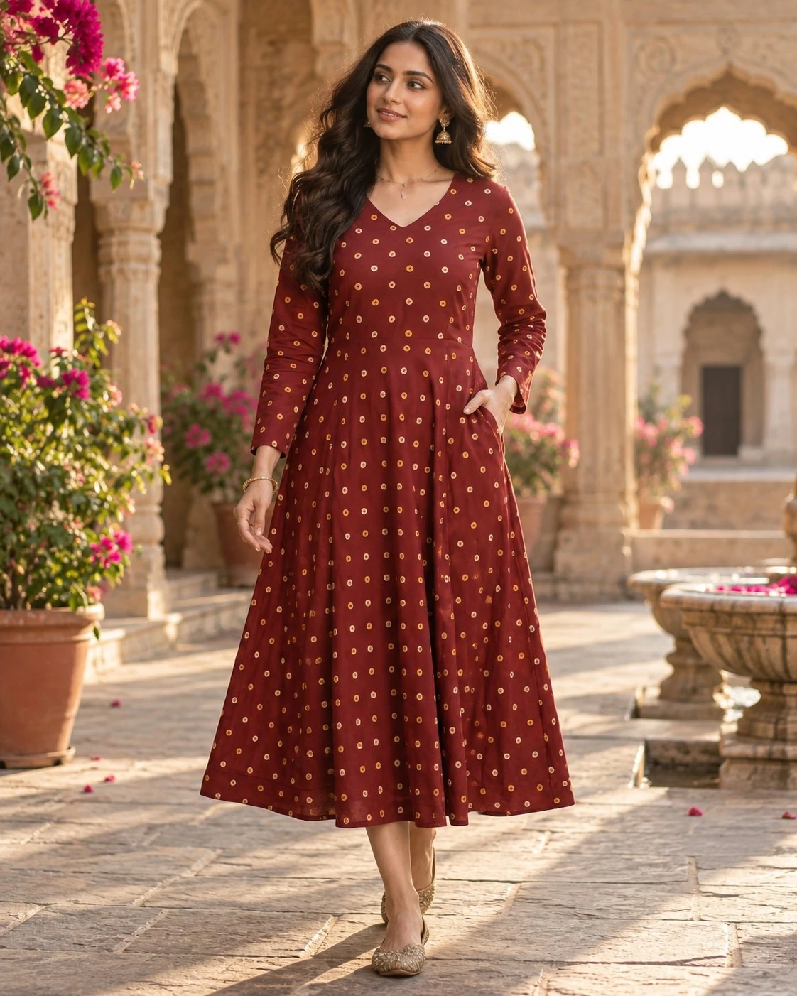Maroon Bandhani Ring Print Pure Cotton A-Line Midi Dress — view 3