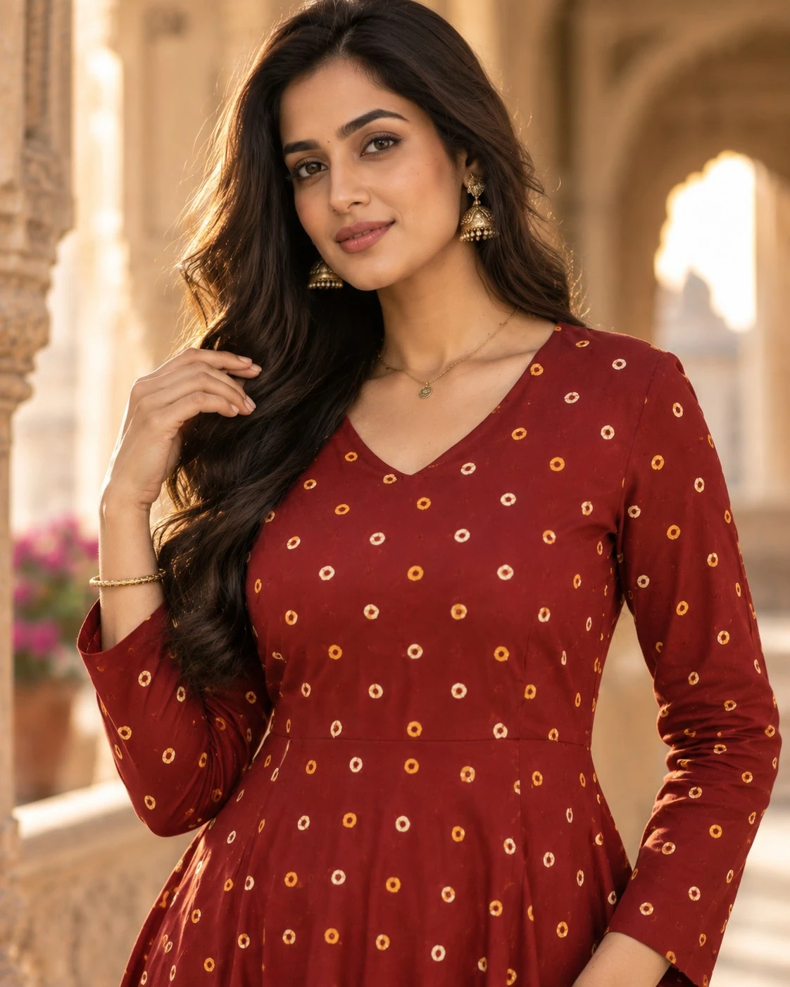 Maroon Bandhani Ring Print Pure Cotton A-Line Midi Dress — view 5
