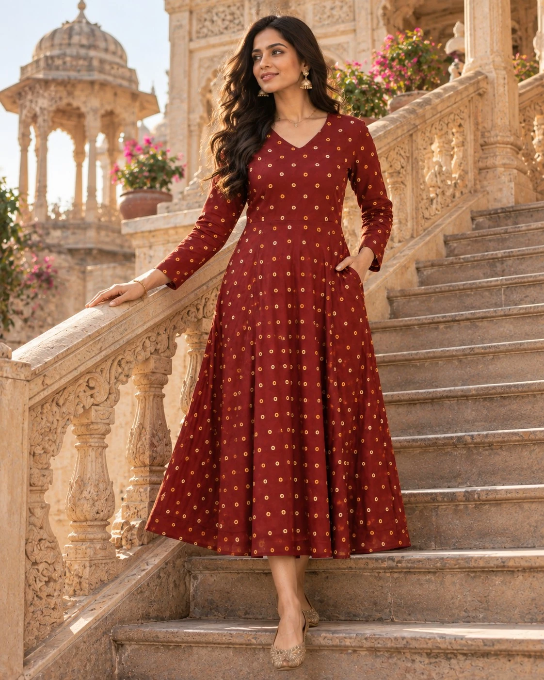 Maroon Bandhani Ring Print Pure Cotton A-Line Midi Dress — view 6