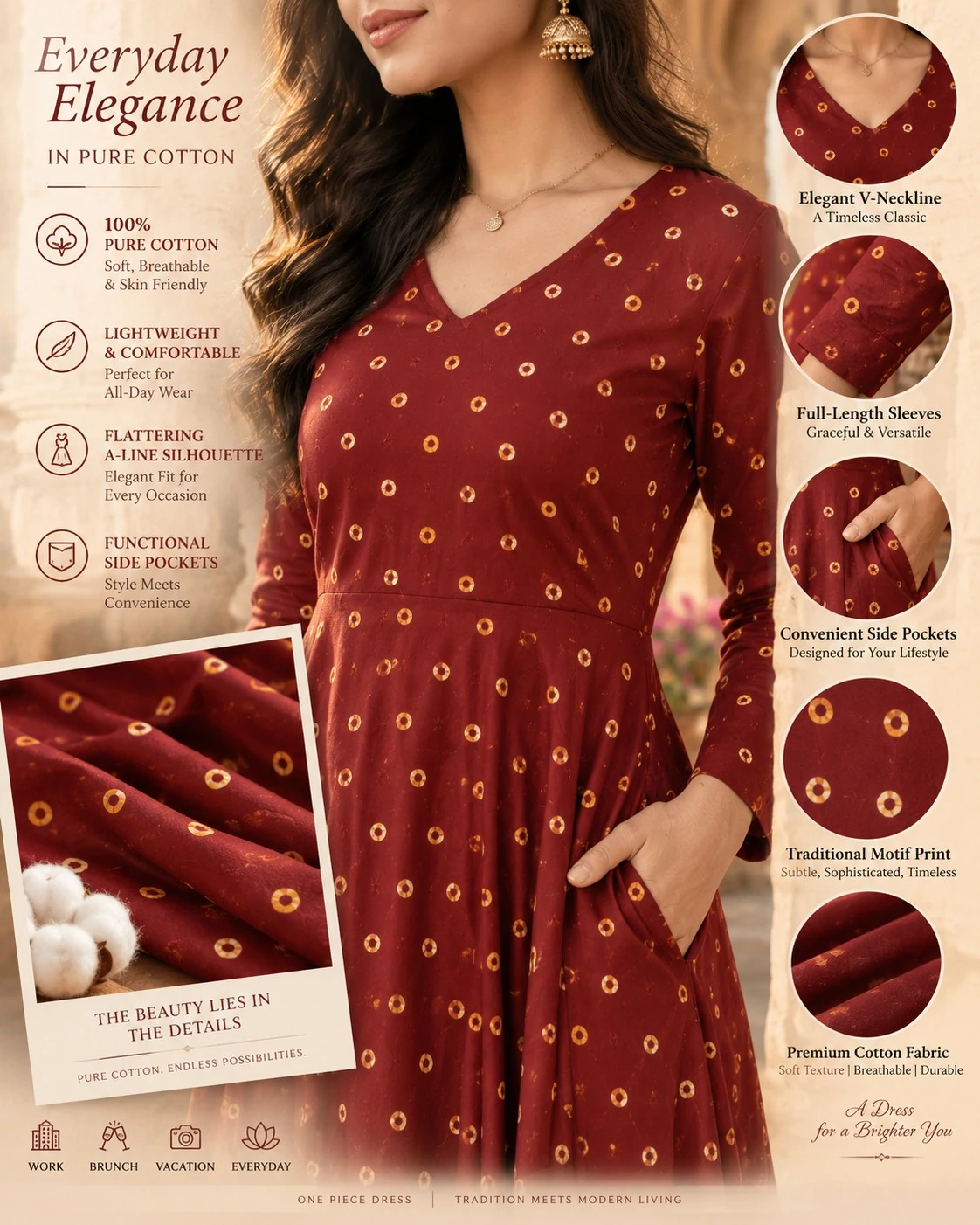 Maroon Bandhani Ring Print Pure Cotton A-Line Midi Dress — view 7