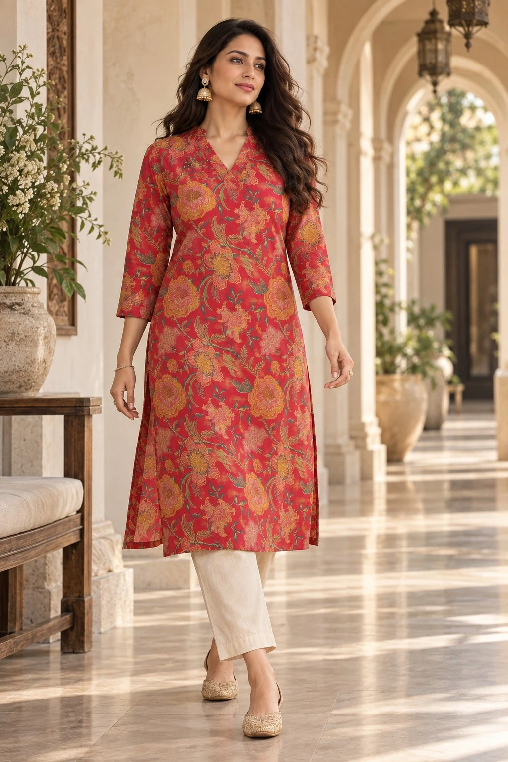 Crimson Heritage Floral Print Pure Cotton Kurti