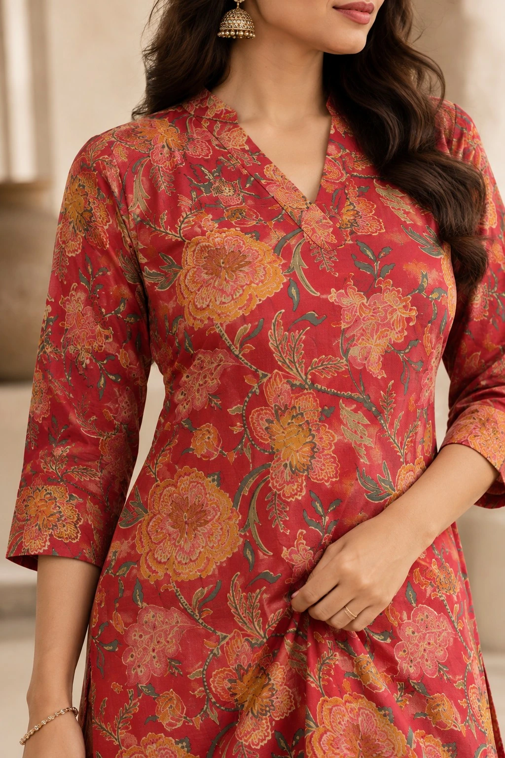 Crimson Heritage Floral Print Pure Cotton Kurti — view 3