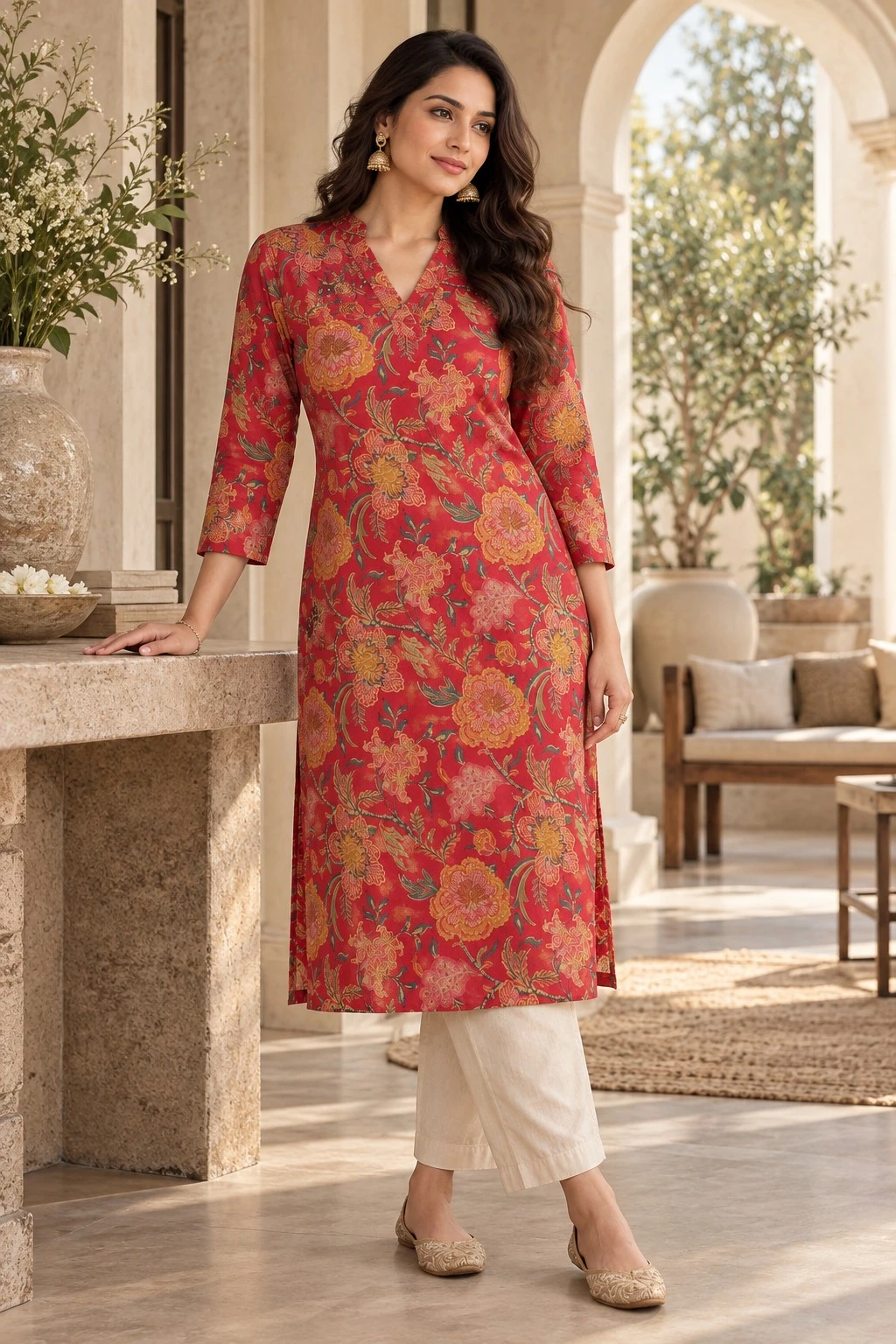 Crimson Heritage Floral Print Pure Cotton Kurti — view 4