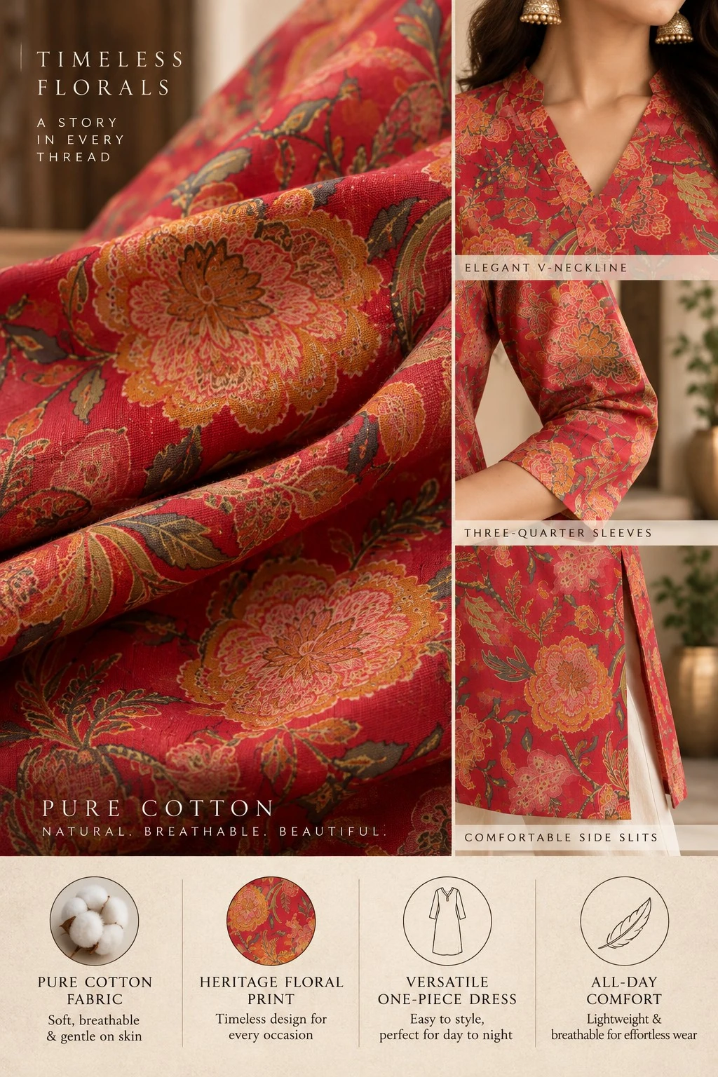 Crimson Heritage Floral Print Pure Cotton Kurti — view 5